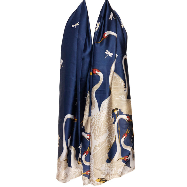 Wrapables Silk Like Satin Polyester Large Scarf Wrap, Cranes Blue