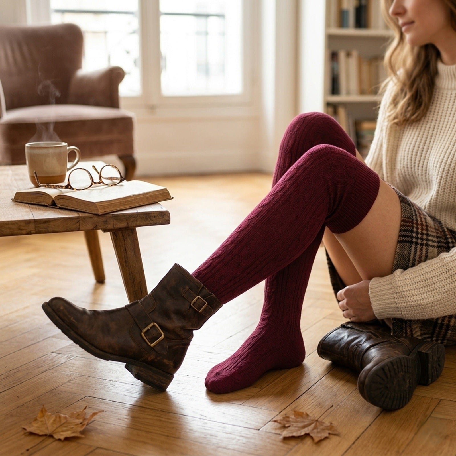 Wrapables Women's Cable Knit Knee High Boot Socks, Wine