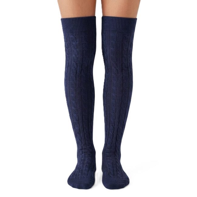 Wrapables Women's Cable Knit Knee High Boot Socks, Navy