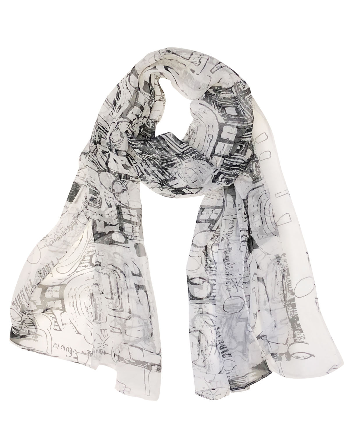 Wrapables Lightweight Sheer Silky Feeling Georgette Scarf, Abstract White