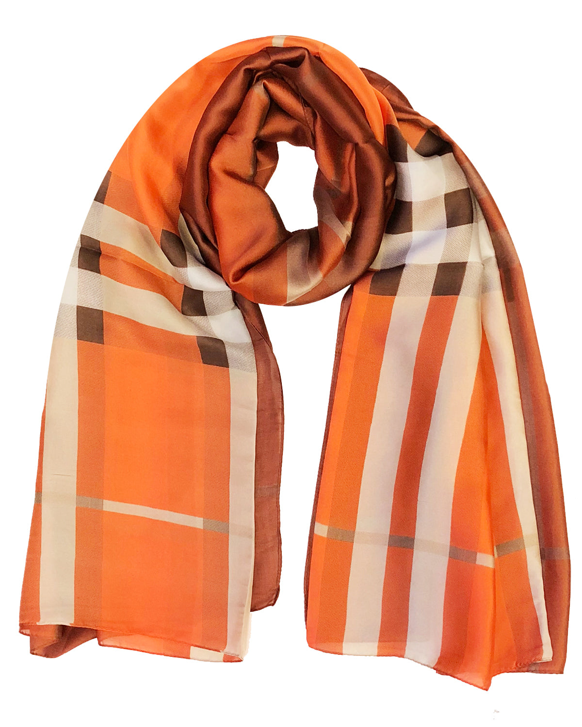 Wrapables Silk Like Satin Polyester Large Scarf Wrap, Orange Plaid