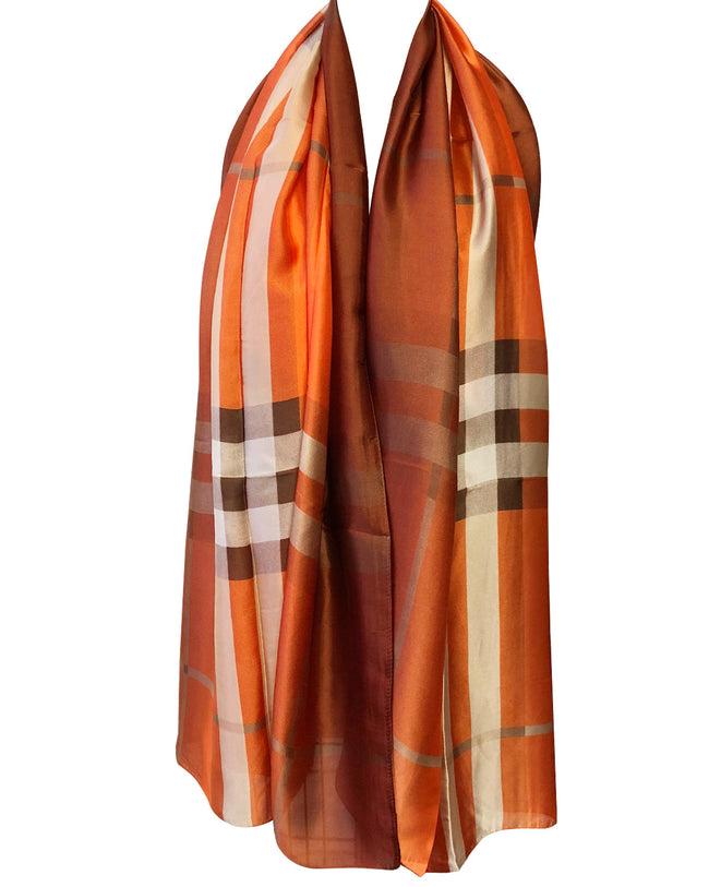 Wrapables Silk Like Satin Polyester Large Scarf Wrap, Orange Plaid