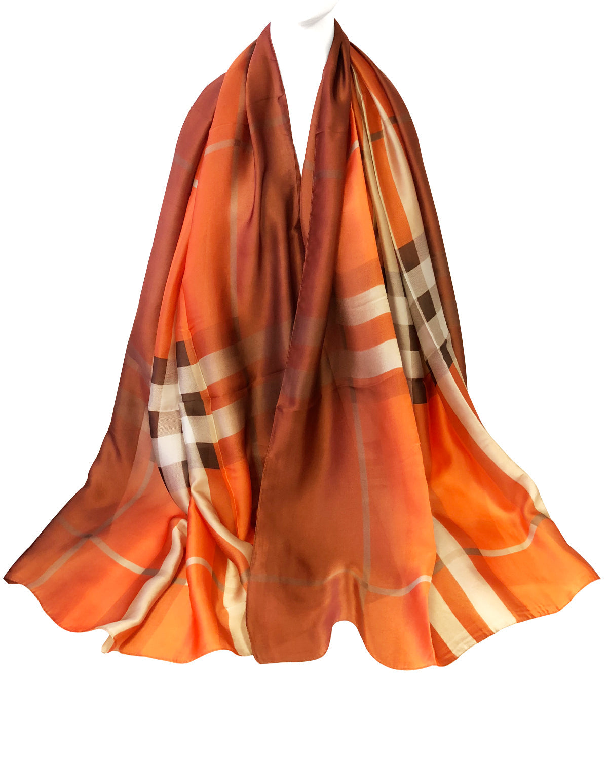 Wrapables Silk Like Satin Polyester Large Scarf Wrap, Orange Plaid