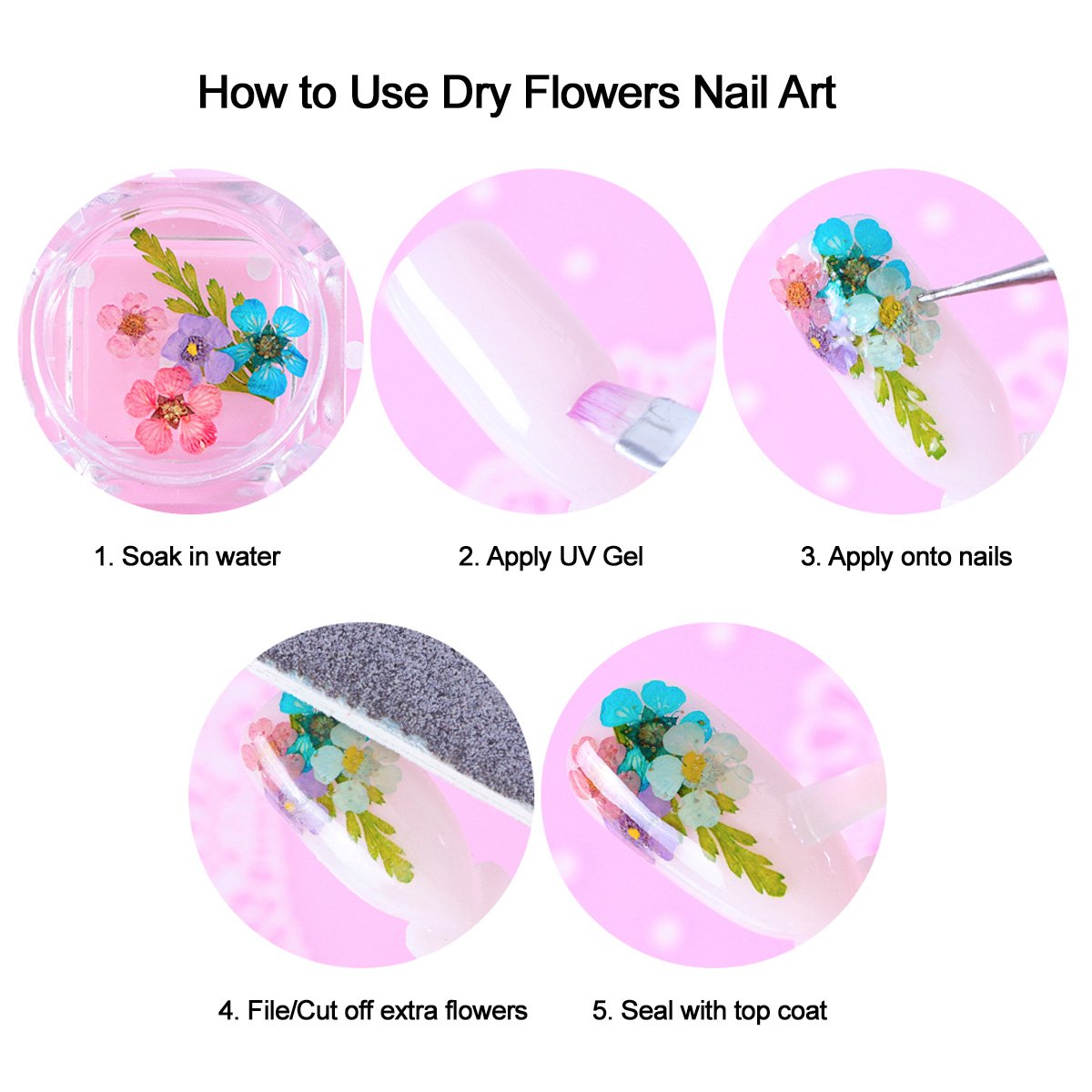 Wrapables Real Dry Flowers Nail Art 3d Flower Nail Decals Nail Manicure with Plastic Case (Set of 12), Daisies