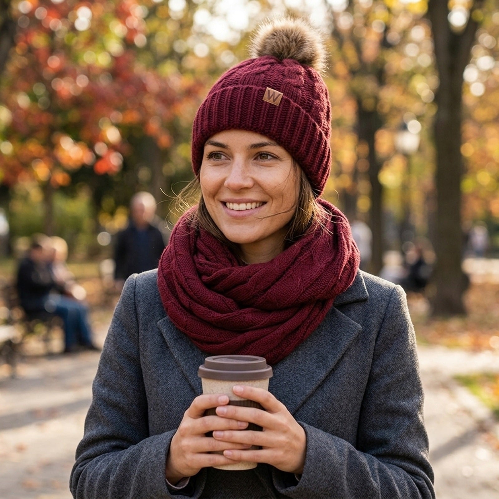 Wrapables Winter Warm Cable Knit Infinity Scarf and Faux Fur Pom Pom Beanie Set