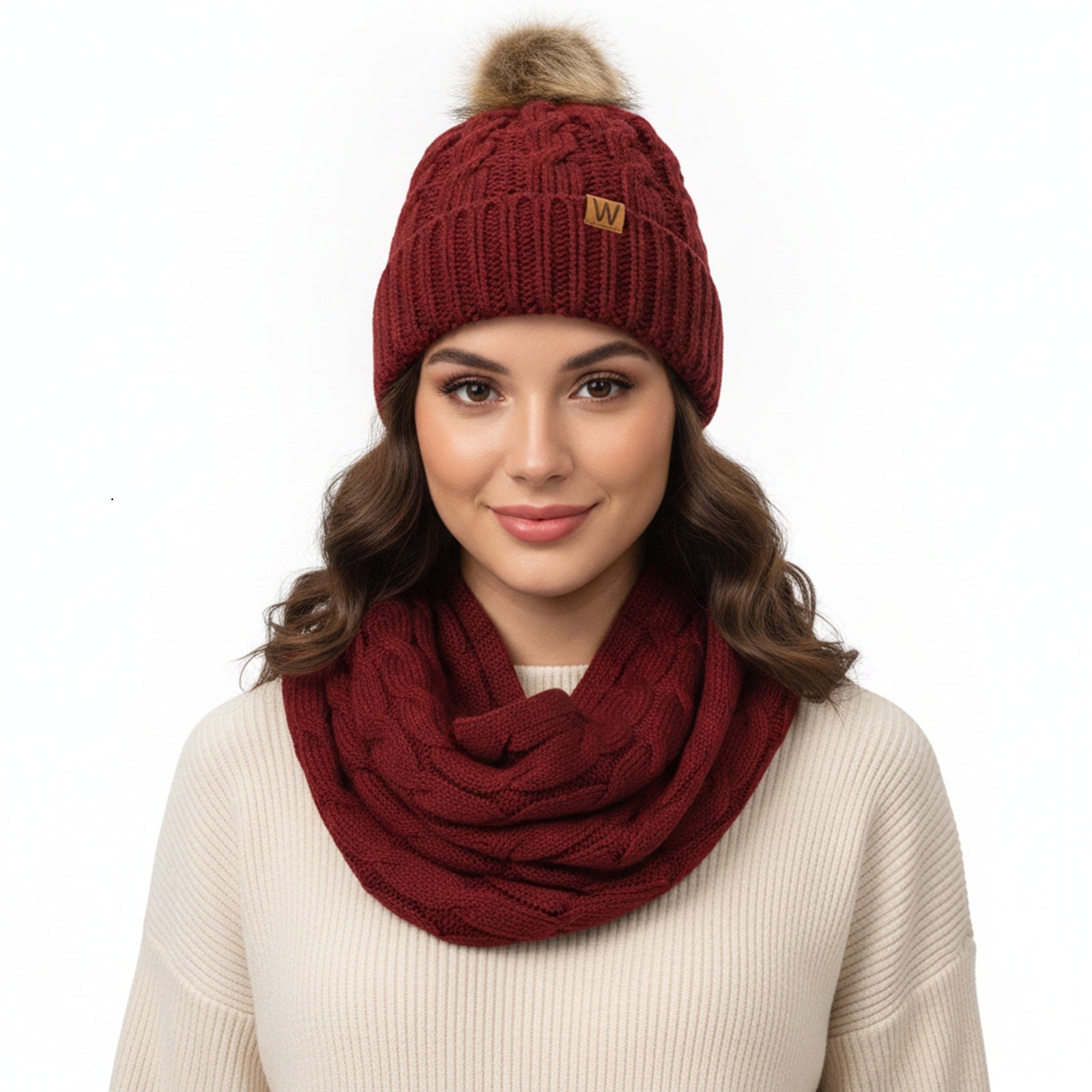 Wrapables Winter Warm Cable Knit Infinity Scarf and Faux Fur Pom Pom Beanie Set