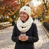 Wrapables Winter Warm Cable Knit Infinity Scarf and Faux Fur Pom Pom Beanie Set