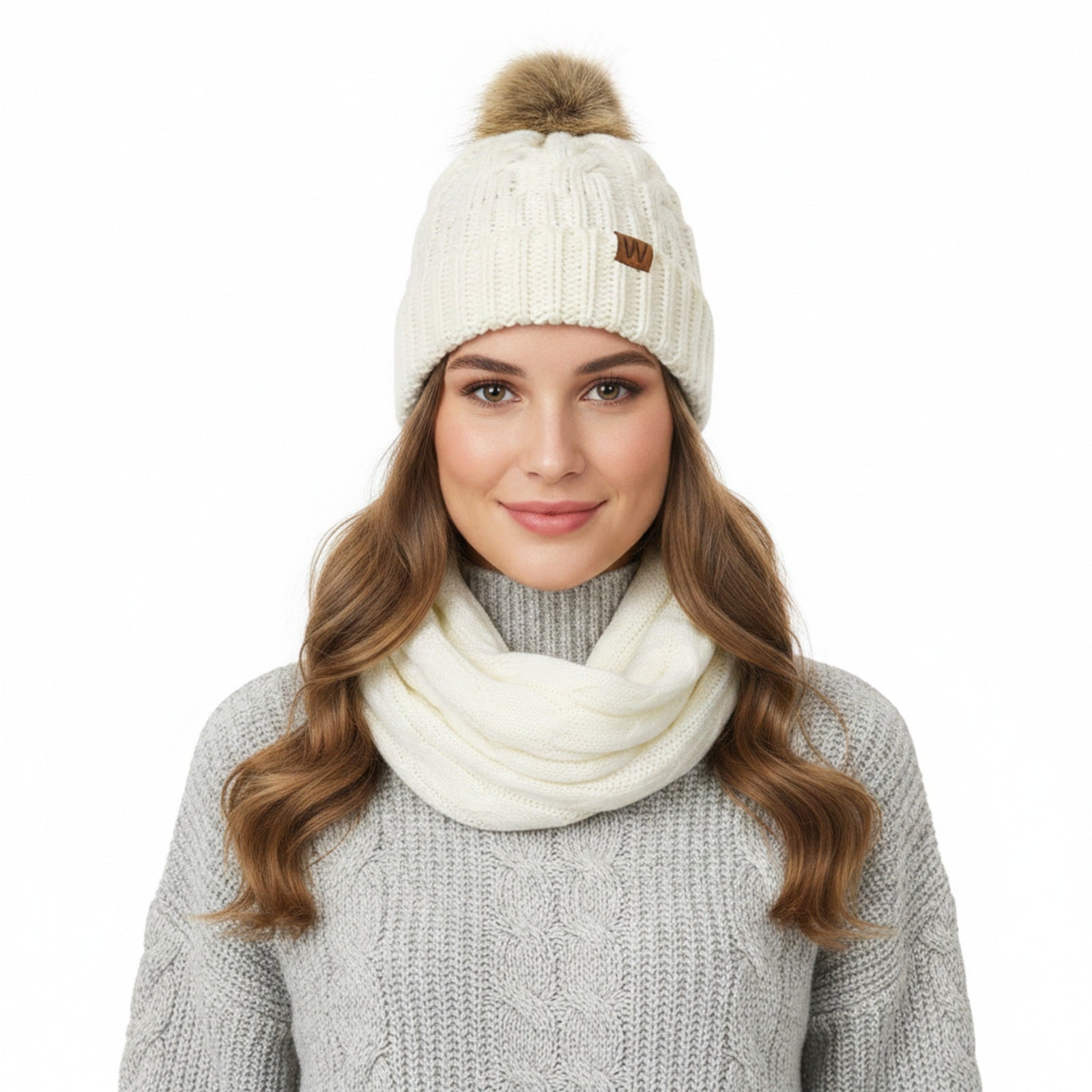 Wrapables Winter Warm Cable Knit Infinity Scarf and Faux Fur Pom Pom Beanie Set