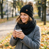 Wrapables Winter Warm Cable Knit Infinity Scarf and Faux Fur Pom Pom Beanie Set