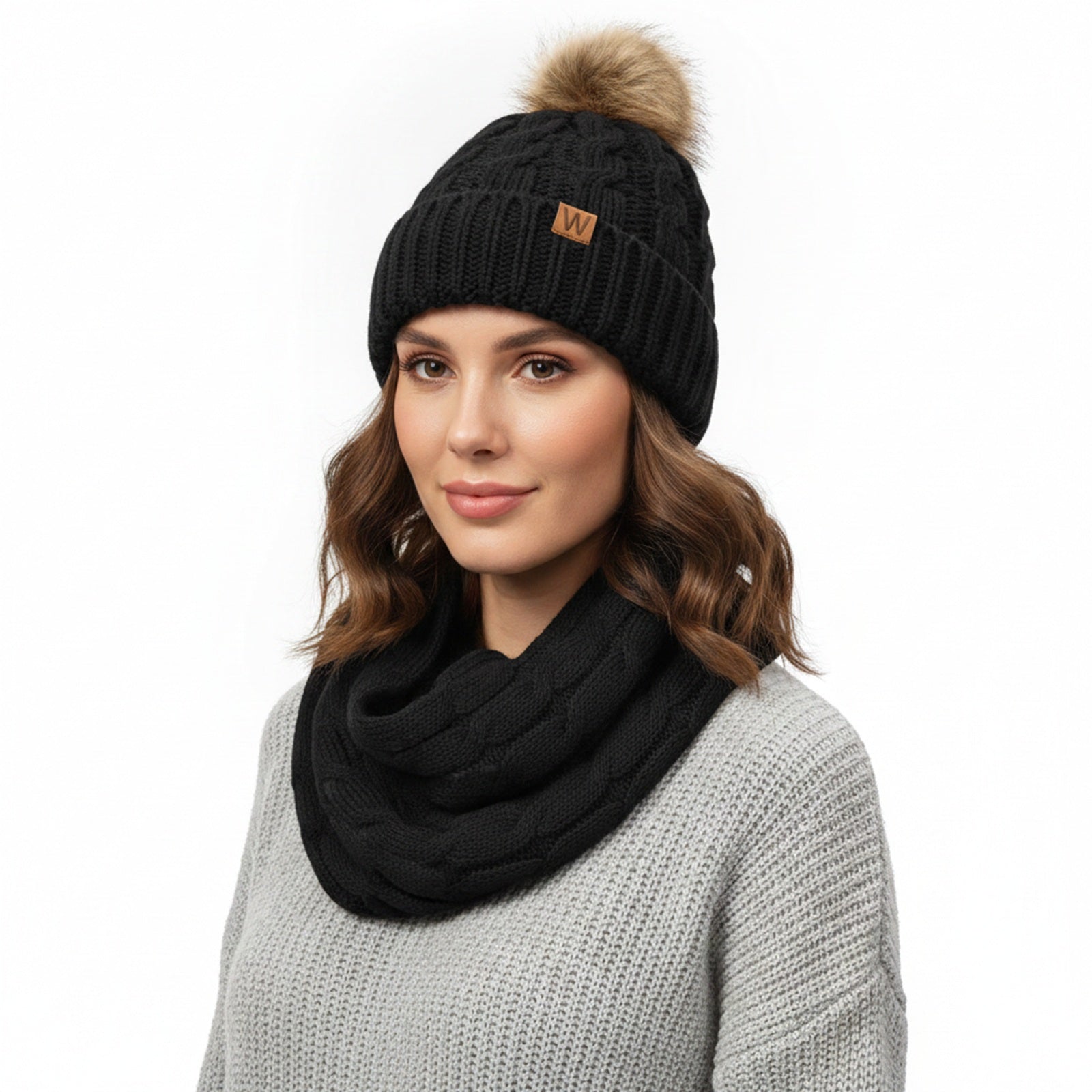 Wrapables Winter Warm Cable Knit Infinity Scarf and Faux Fur Pom Pom Beanie Set