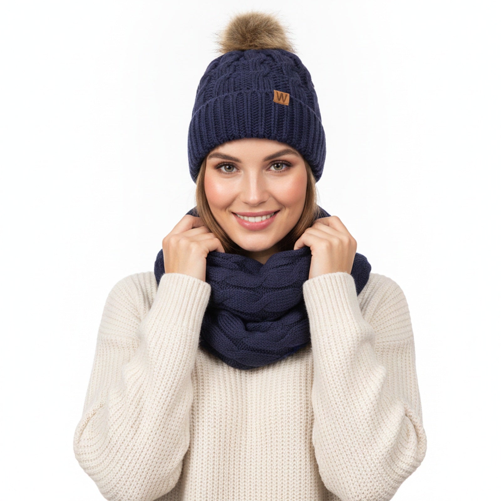Wrapables Winter Warm Cable Knit Infinity Scarf and Faux Fur Pom Pom Beanie Set