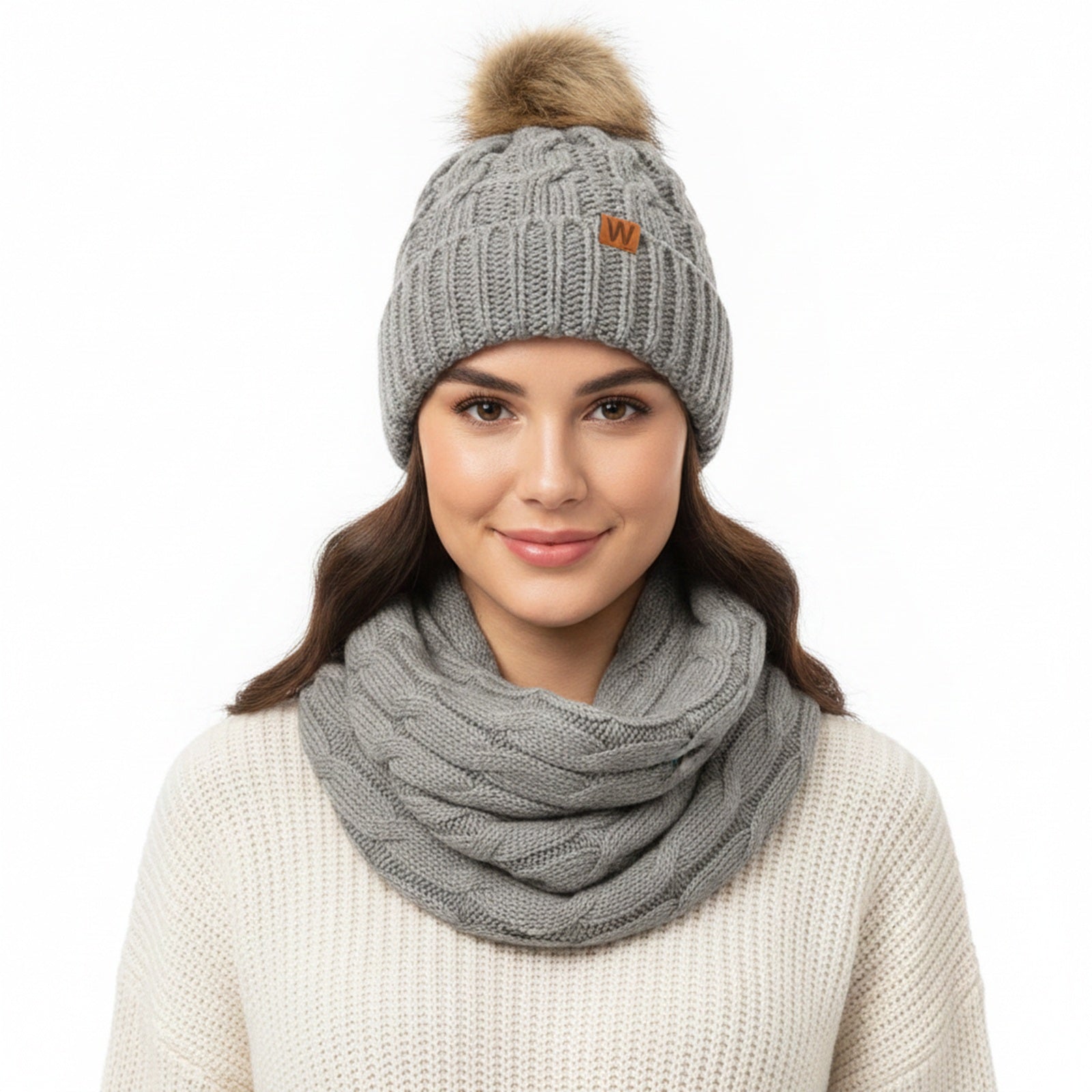 Wrapables Winter Warm Cable Knit Infinity Scarf and Faux Fur Pom Pom Beanie Set