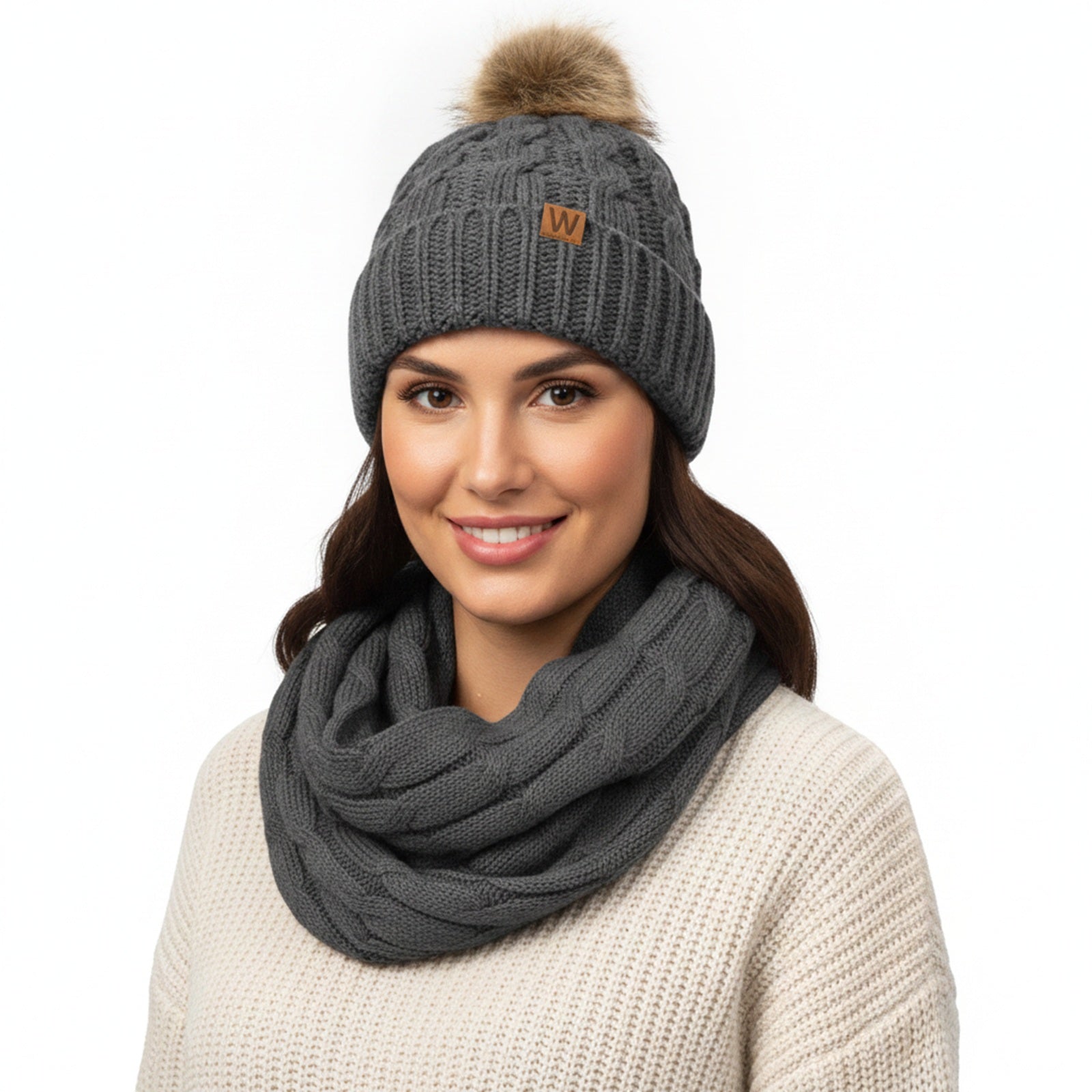 Wrapables Winter Warm Cable Knit Infinity Scarf and Faux Fur Pom Pom Beanie Set