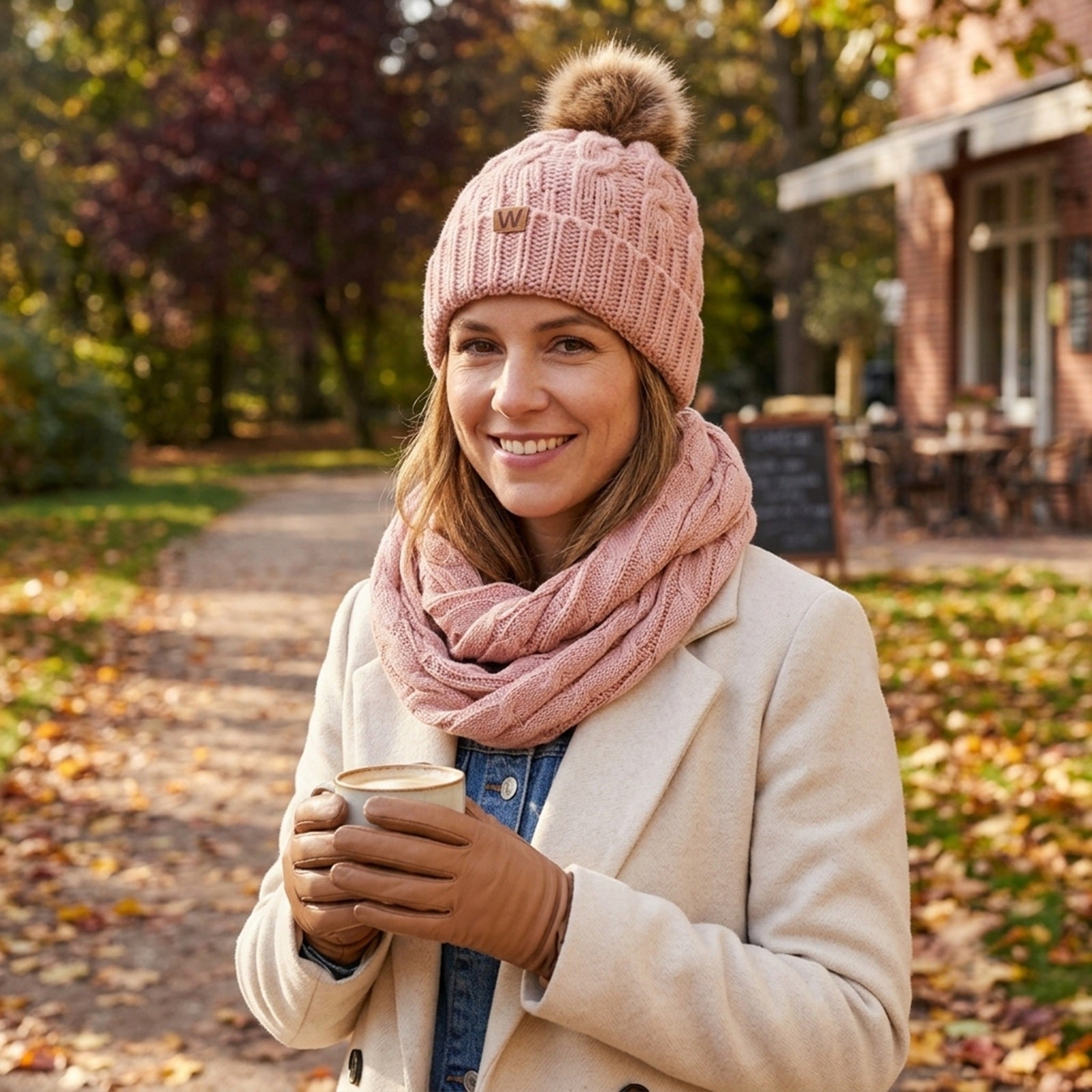 Wrapables Winter Warm Cable Knit Infinity Scarf and Faux Fur Pom Pom Beanie Set