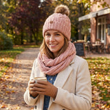 Wrapables Winter Warm Cable Knit Infinity Scarf and Faux Fur Pom Pom Beanie Set