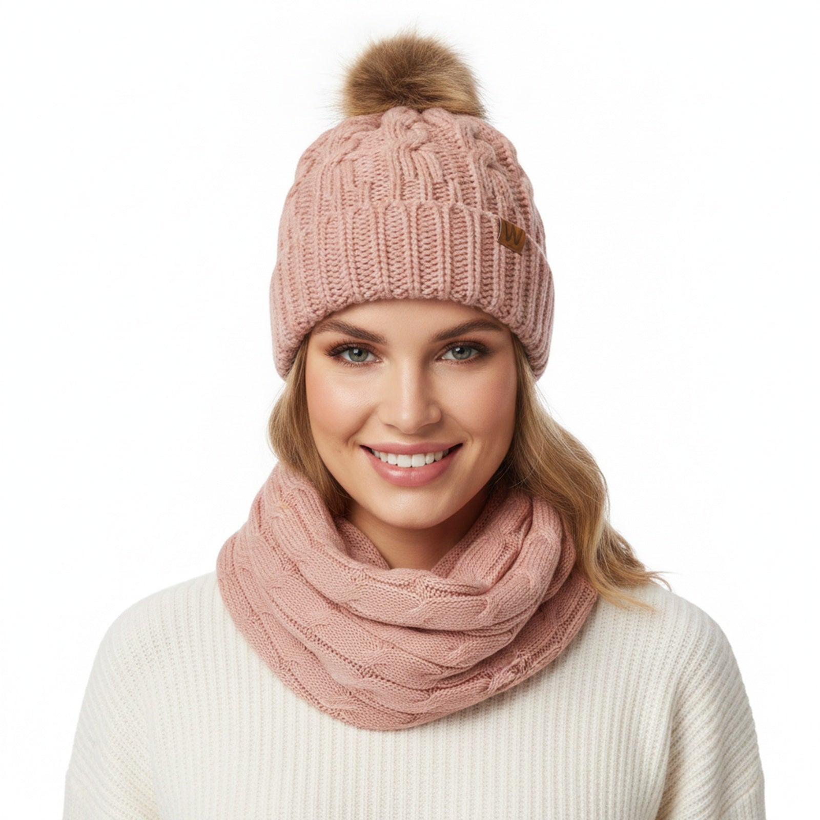 Wrapables Winter Warm Cable Knit Infinity Scarf and Faux Fur Pom Pom Beanie Set