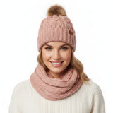 Wrapables Winter Warm Cable Knit Infinity Scarf and Faux Fur Pom Pom Beanie Set