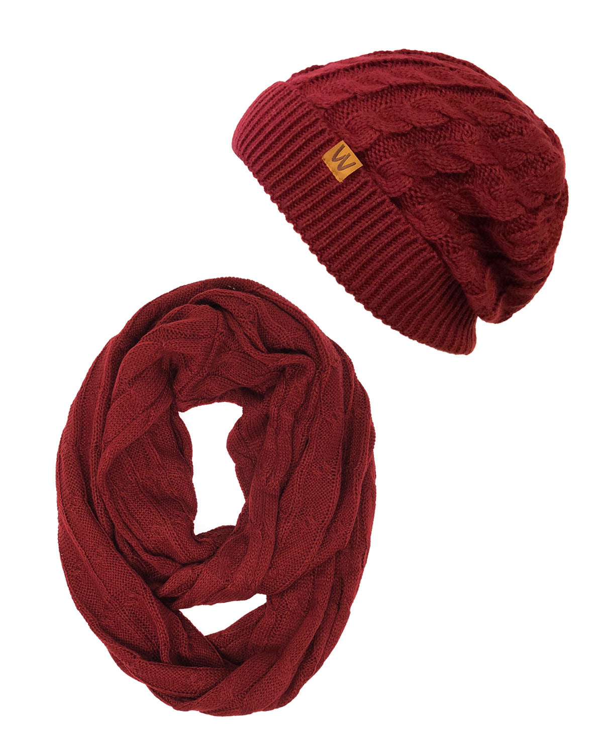 Wrapables Winter Warm Cable Knit Infinity Scarf and Beanie Set, Burgundy