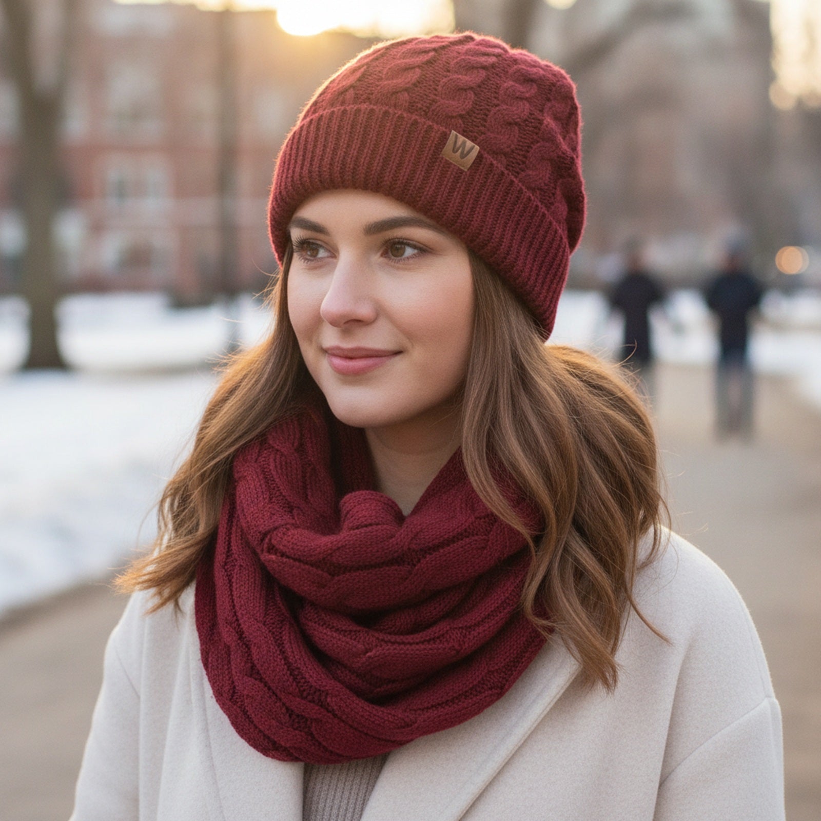 Wrapables Winter Warm Cable Knit Infinity Scarf and Beanie Set