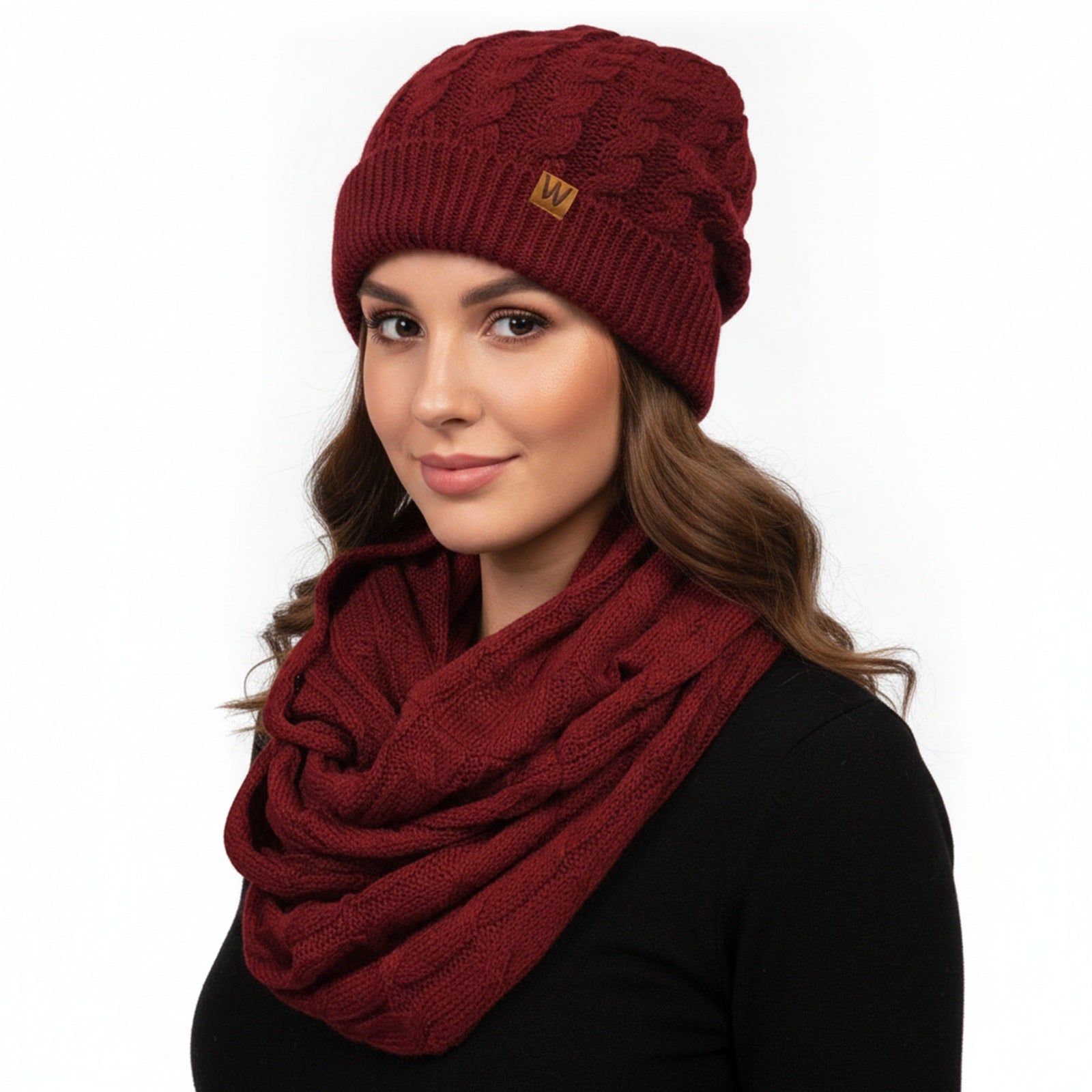 Wrapables Winter Warm Cable Knit Infinity Scarf and Beanie Set