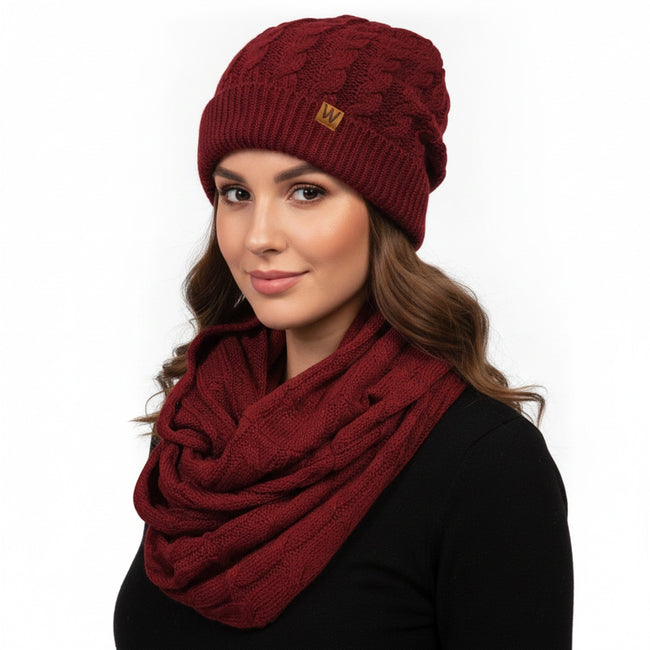 Wrapables Winter Warm Cable Knit Infinity Scarf and Beanie Set, Burgundy