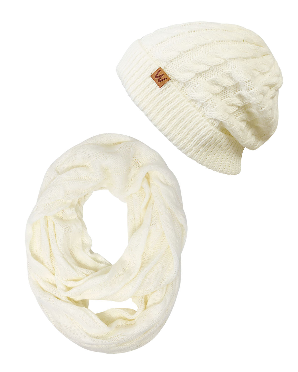 Wrapables Winter Warm Cable Knit Infinity Scarf and Beanie Set, Cream