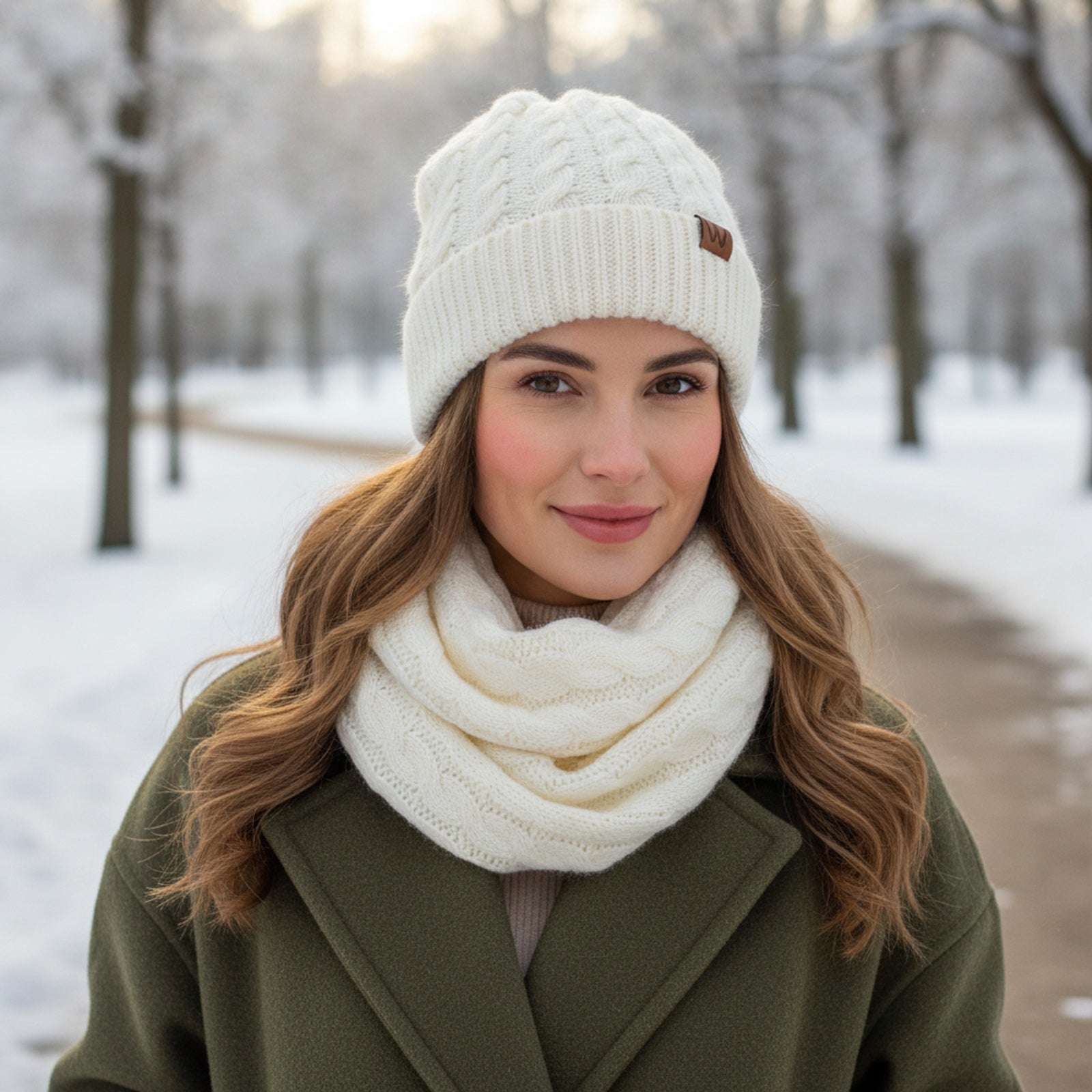Wrapables Winter Warm Cable Knit Infinity Scarf and Beanie Set, Cream