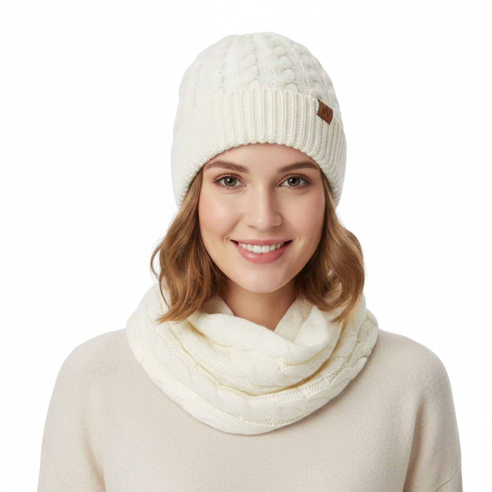 Wrapables Winter Warm Cable Knit Infinity Scarf and Beanie Set, Cream
