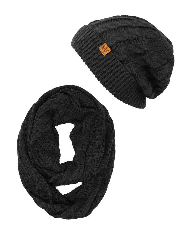 Wrapables Winter Warm Cable Knit Infinity Scarf and Beanie Set, Black