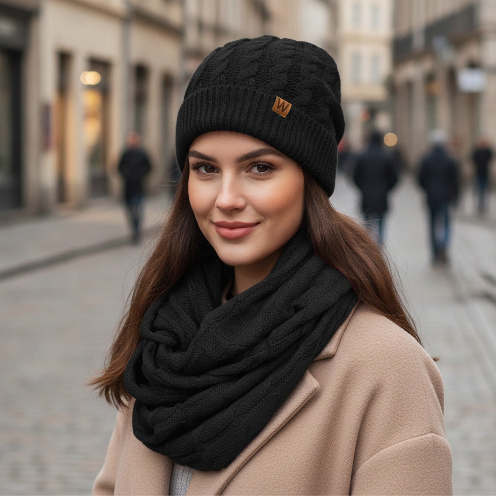 Wrapables Winter Warm Cable Knit Infinity Scarf and Beanie Set