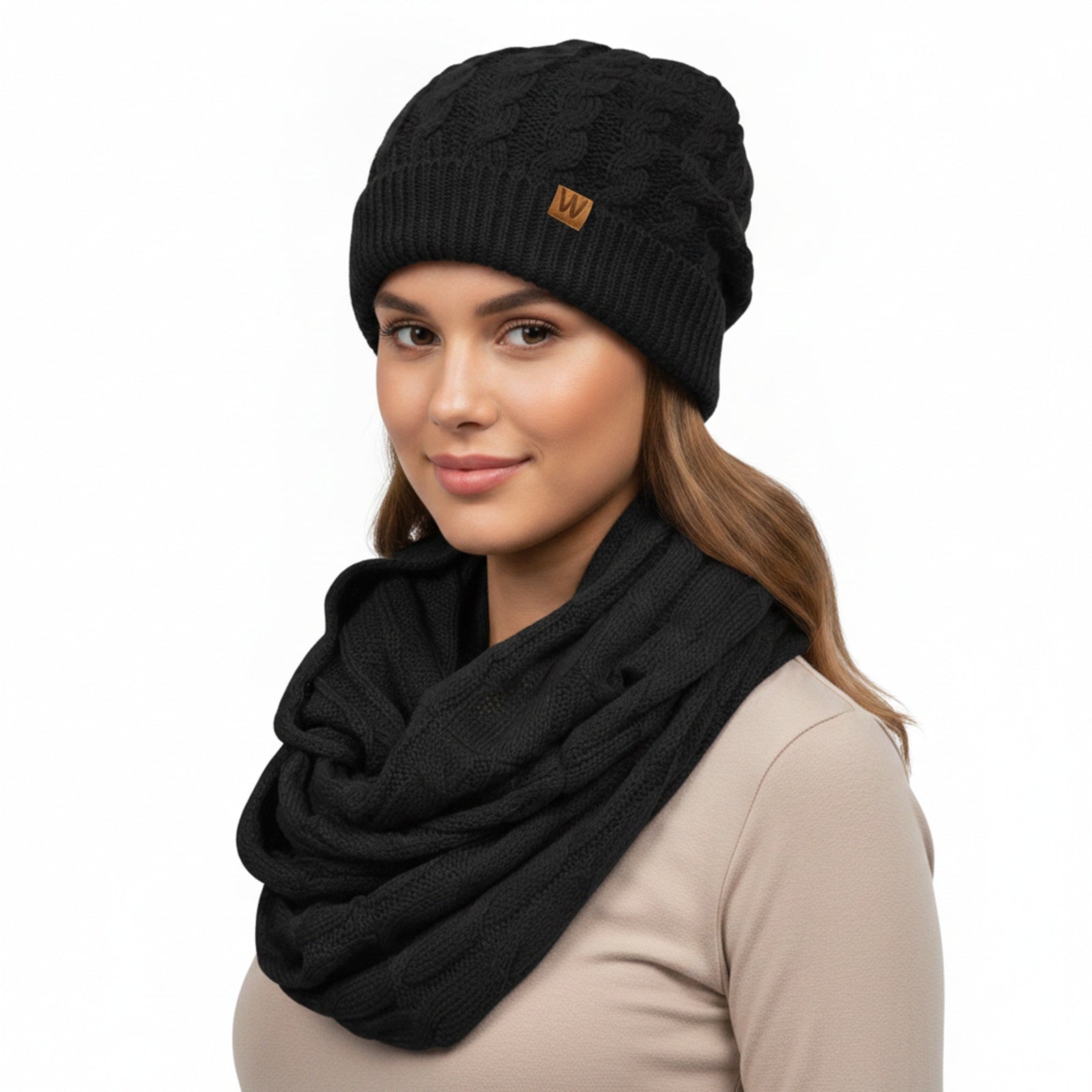 Wrapables Winter Warm Cable Knit Infinity Scarf and Beanie Set