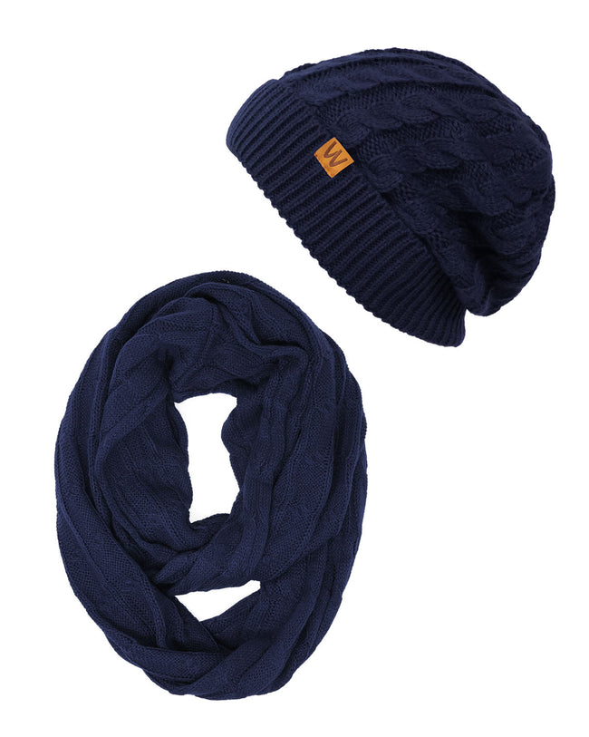 Wrapables Winter Warm Cable Knit Infinity Scarf and Beanie Set, Dark Blue