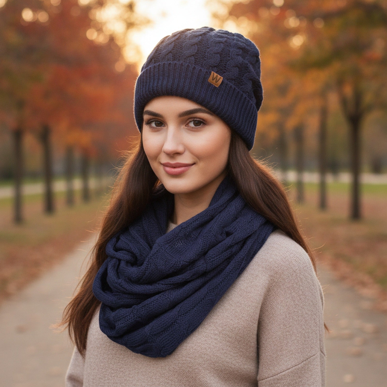 Wrapables Winter Warm Cable Knit Infinity Scarf and Beanie Set