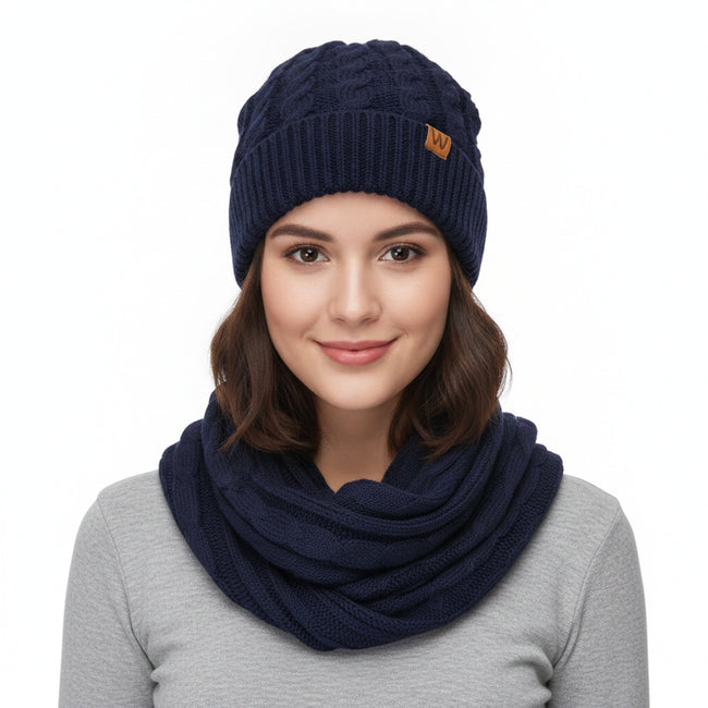 Wrapables Winter Warm Cable Knit Infinity Scarf and Beanie Set