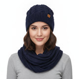 Wrapables Winter Warm Cable Knit Infinity Scarf and Beanie Set, Dark Blue