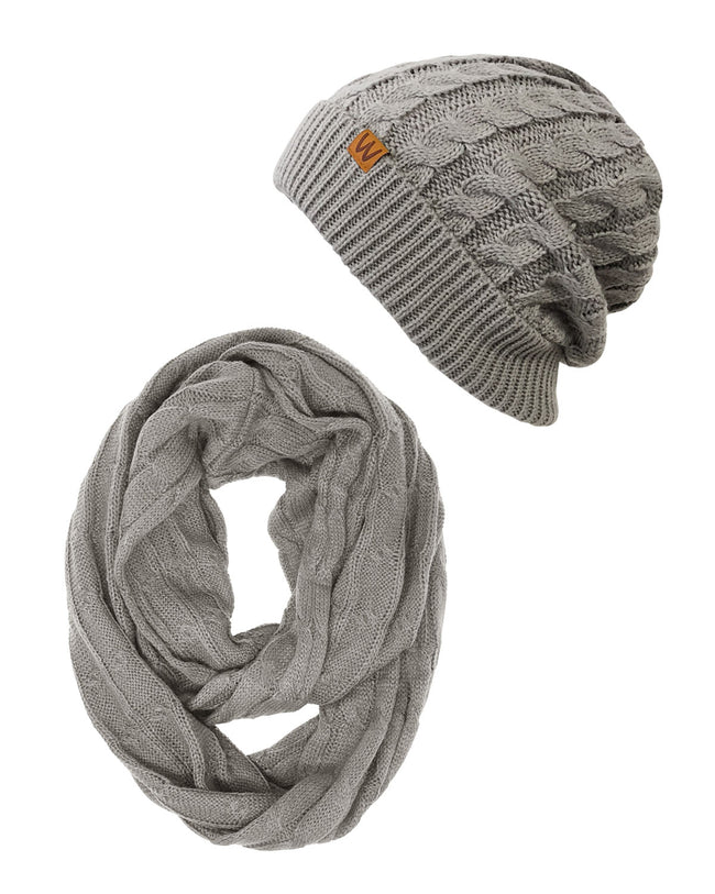 Wrapables Winter Warm Cable Knit Infinity Scarf and Beanie Set, Gray