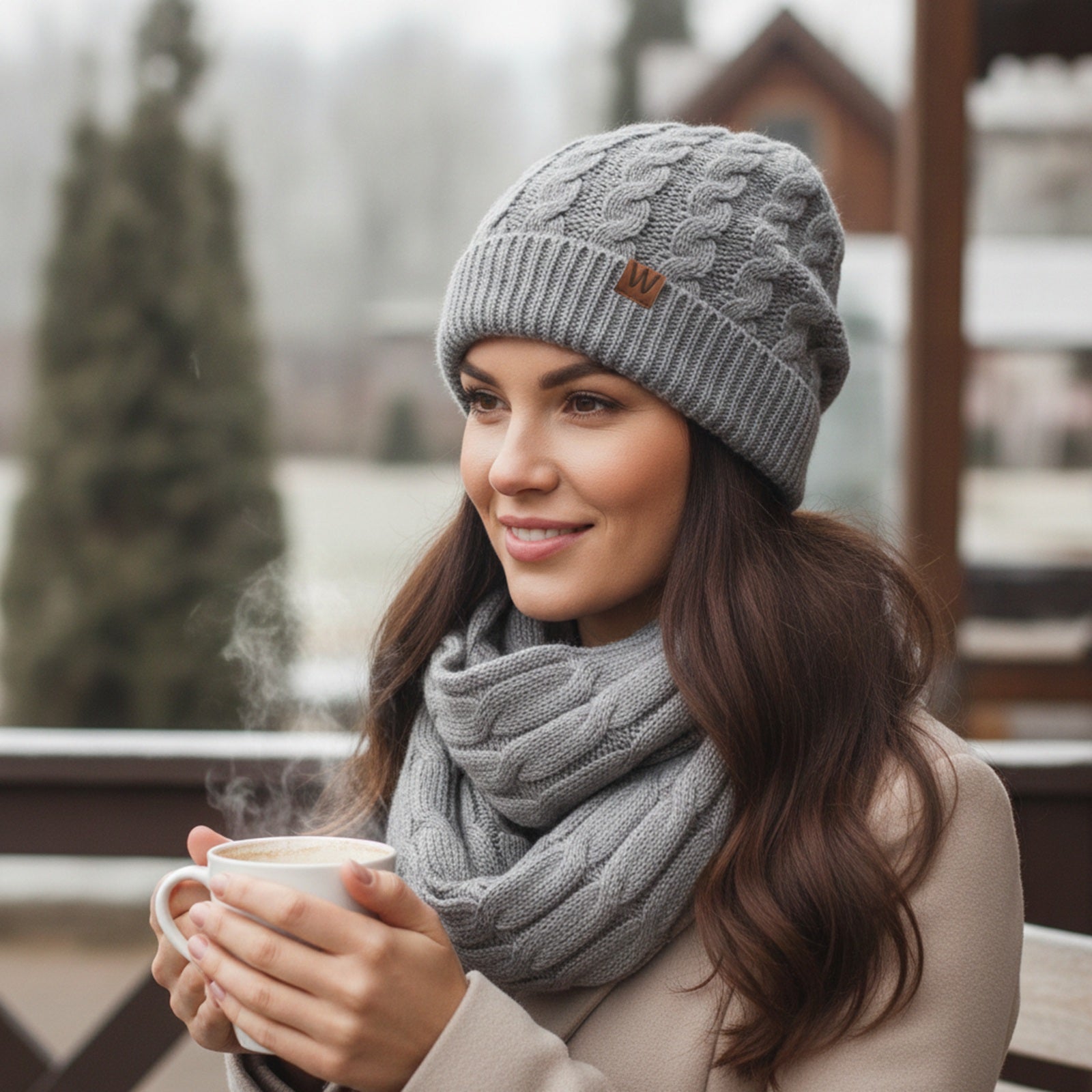 Wrapables Winter Warm Cable Knit Infinity Scarf and Beanie Set