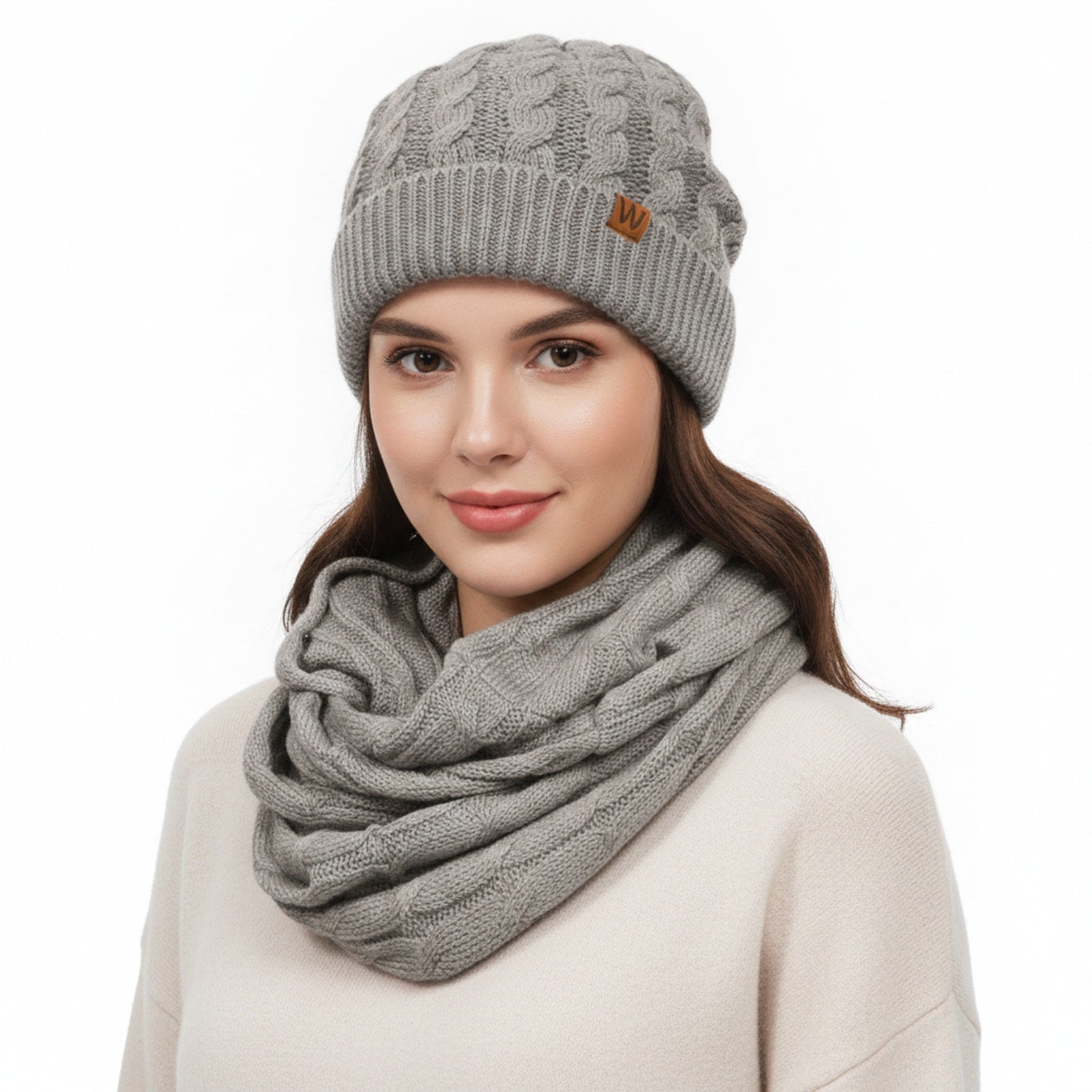 Wrapables Winter Warm Cable Knit Infinity Scarf and Beanie Set