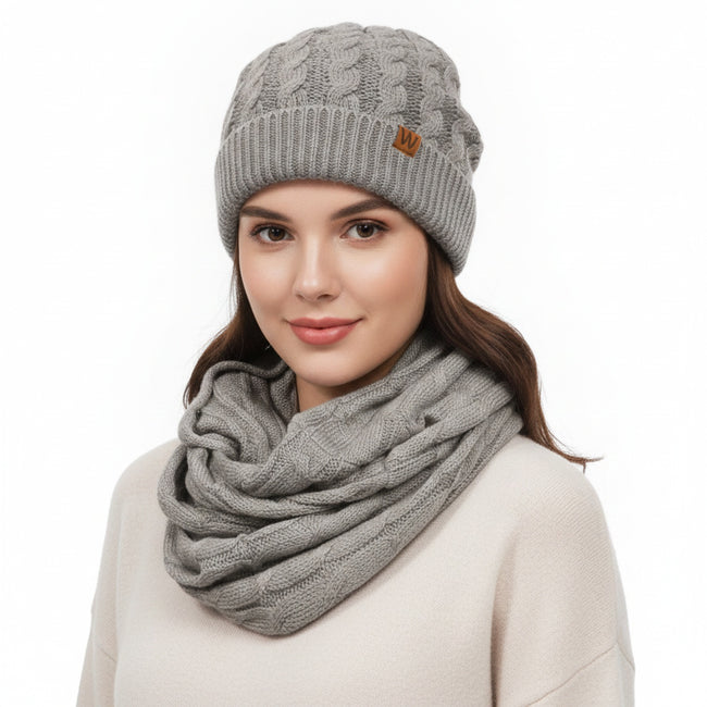 Wrapables Winter Warm Cable Knit Infinity Scarf and Beanie Set, Gray