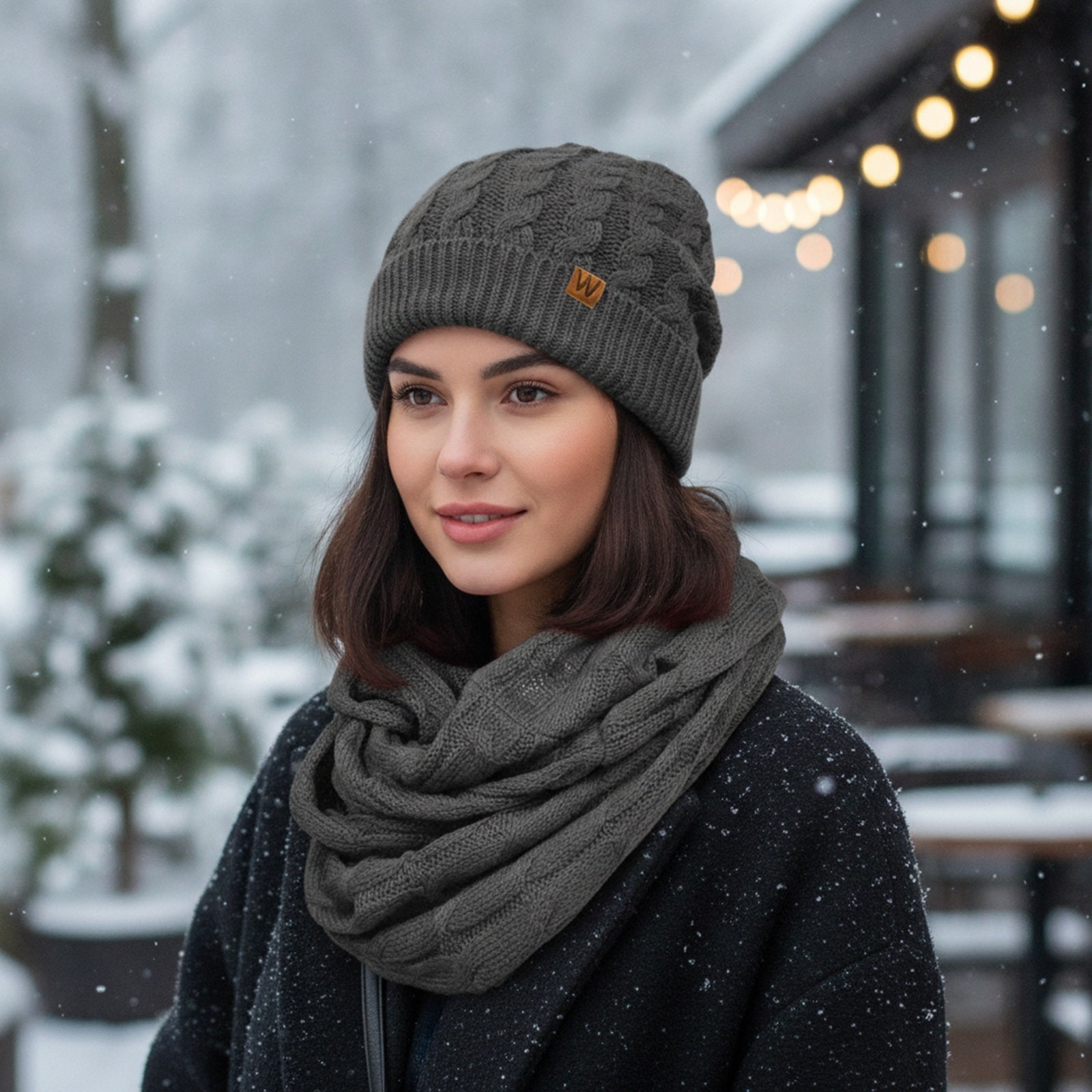 Wrapables Winter Warm Cable Knit Infinity Scarf and Beanie Set, Charcoal Gray