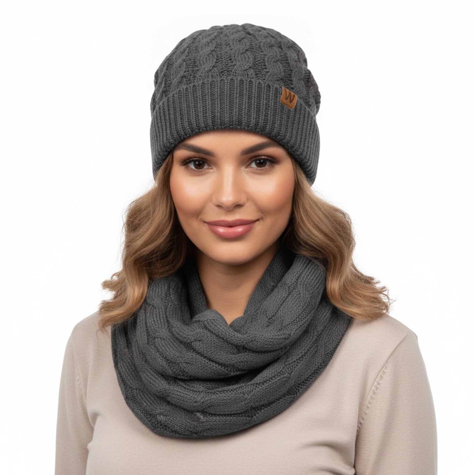 Wrapables Winter Warm Cable Knit Infinity Scarf and Beanie Set, Charcoal Gray