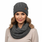 Wrapables Winter Warm Cable Knit Infinity Scarf and Beanie Set, Charcoal Gray