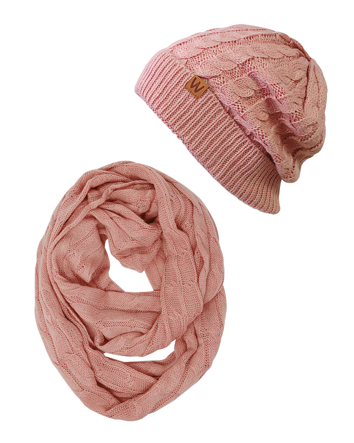 Wrapables Winter Warm Cable Knit Infinity Scarf and Beanie Set, Pink