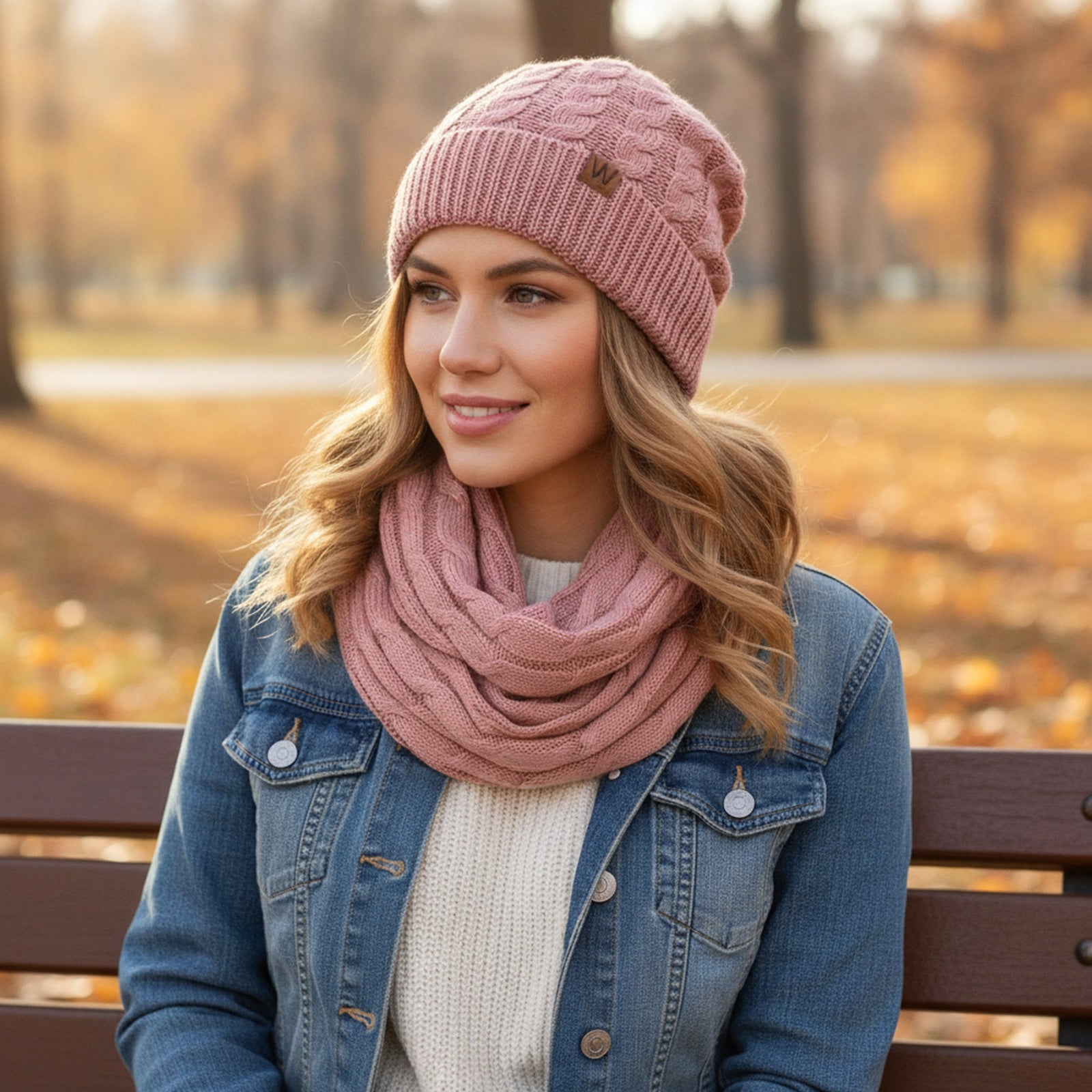 Wrapables Winter Warm Cable Knit Infinity Scarf and Beanie Set