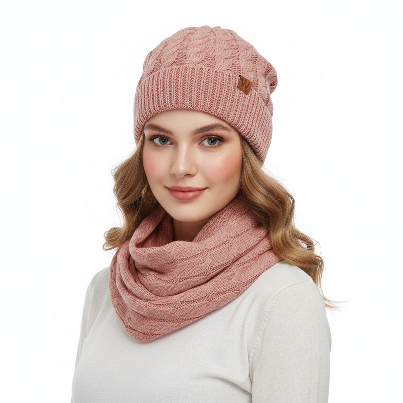 Wrapables Winter Warm Cable Knit Infinity Scarf and Beanie Set