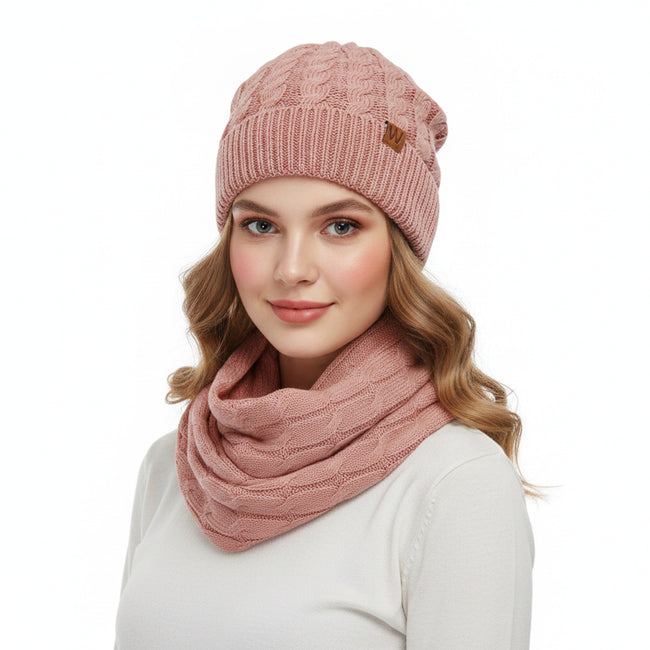 Wrapables Winter Warm Cable Knit Infinity Scarf and Beanie Set, Pink