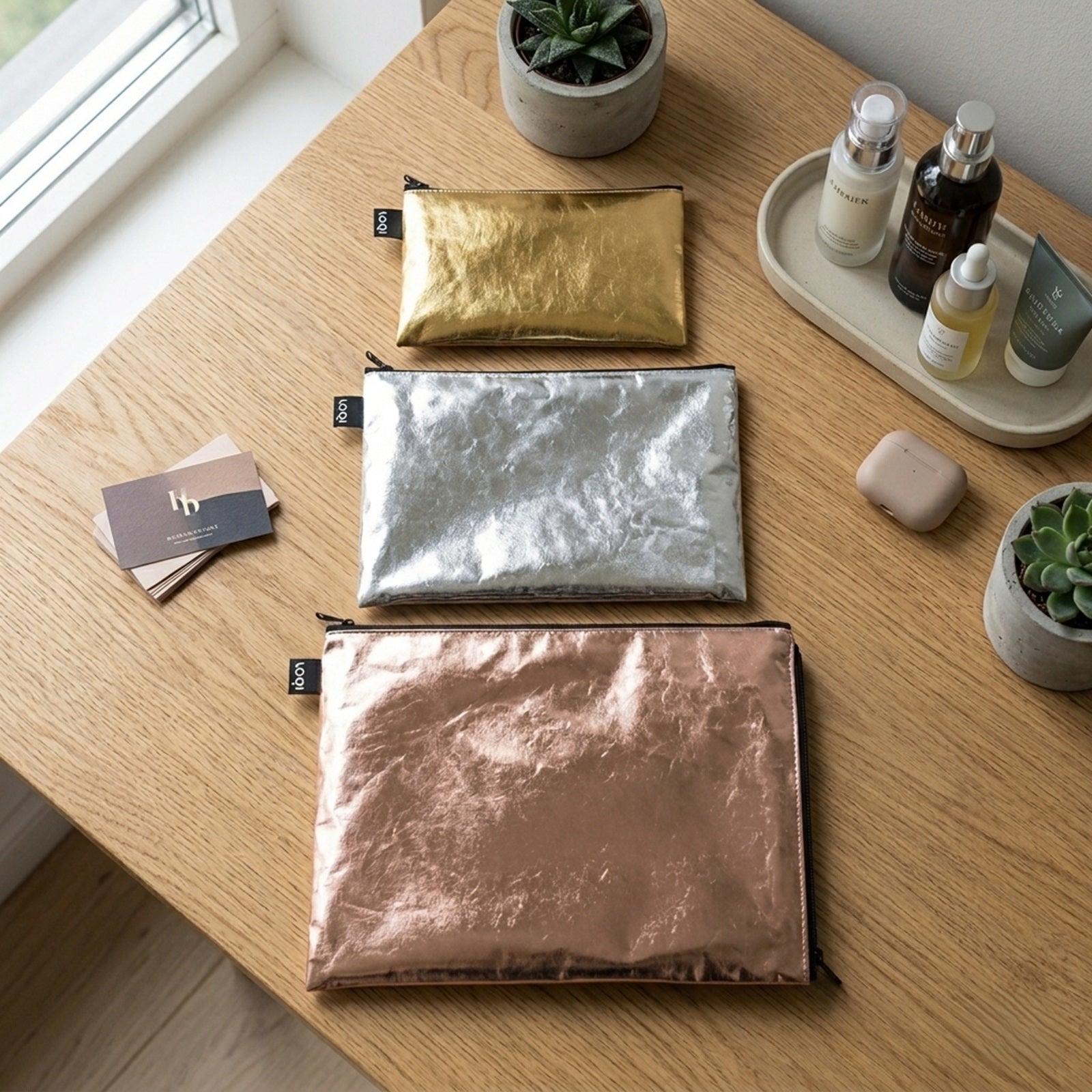 LOQI Metallic Zip Pockets (Set of 3), Gold, Silver, Rose Gold