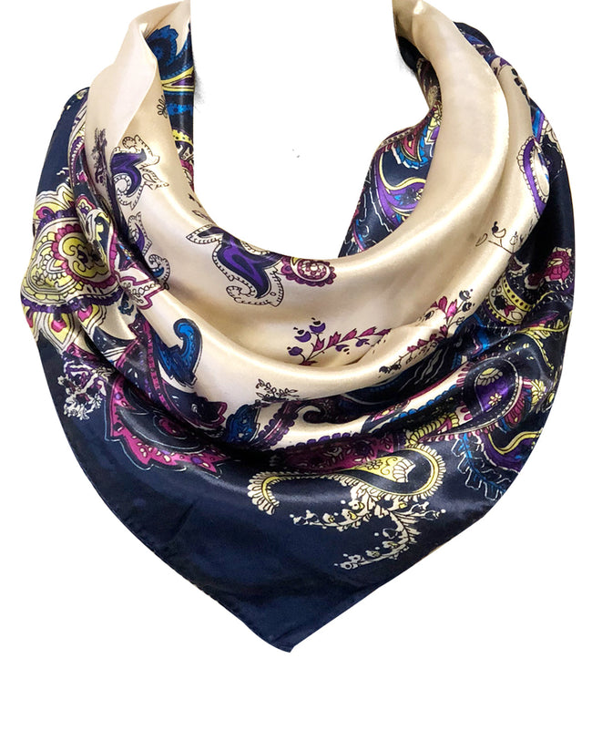 Wrapables Silky Feeling Satin Square Scarf, Intricate Paisley Navy