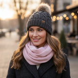 Wrapables Warm Fall and Winter Infinity Scarf, Set-Pom Pom Pink and Charcoal Gray