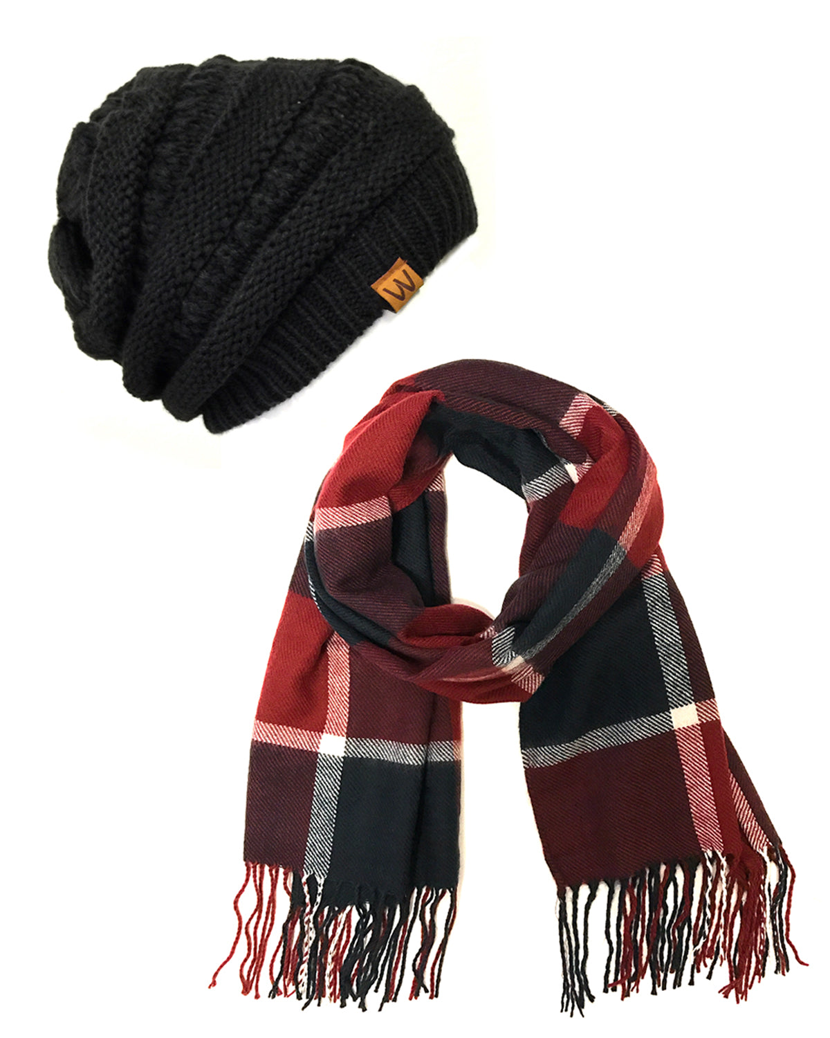 Wrapables Plaid Print Long Scarf and Beanie Hat Set, Navy / Wine + Black Beanie